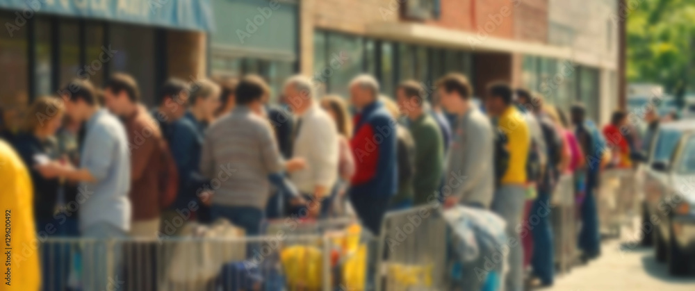 Diverse group of people lined up to shop, captured with a blurred background for a candid city moment Diverse group of people lined up to shop, captured with a blurred background for a candid city moment