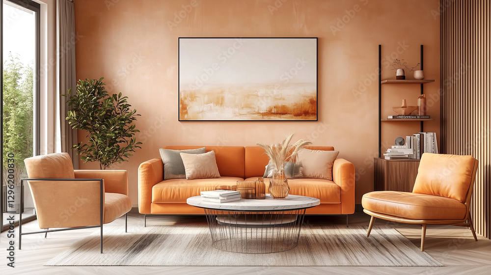 Modern living room with vibrant orange furniture and elegant decor Modern living room with vibrant orange furniture and elegant decor