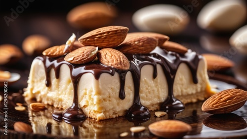 Creamy cheesecake squares topped with rich chocolate sauce and whole almonds. The smooth texture of the cheesecake contrasts with the glossy chocolate and crunchy almonds