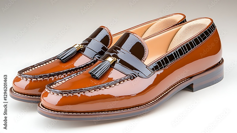 Fototapeta premium Elegant Brown Leather Tassel Loafers Polished Patent Leather Shoes Men s Formal Footwear