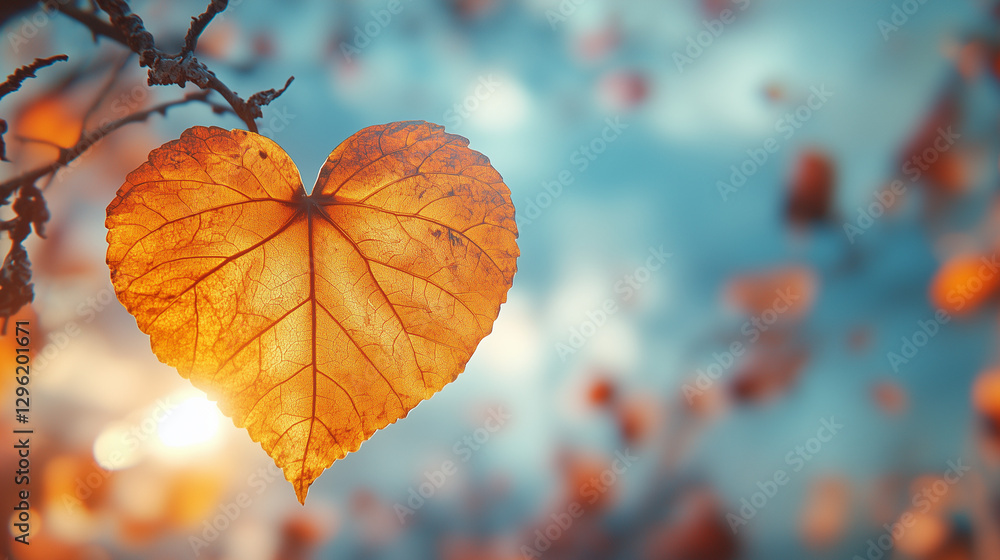 Floating heart-shaped autumn leaf against a blue sky Floating heart-shaped autumn leaf against a blue sky