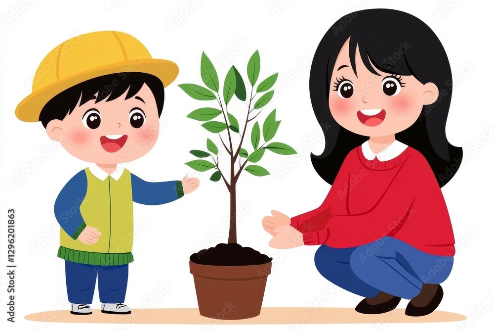 a 2D cartoon illustration of a family planting a tree in the backyard, bonding and happy, white background a 2D cartoon illustration of a family planting a tree in the backyard, bonding and happy, white background