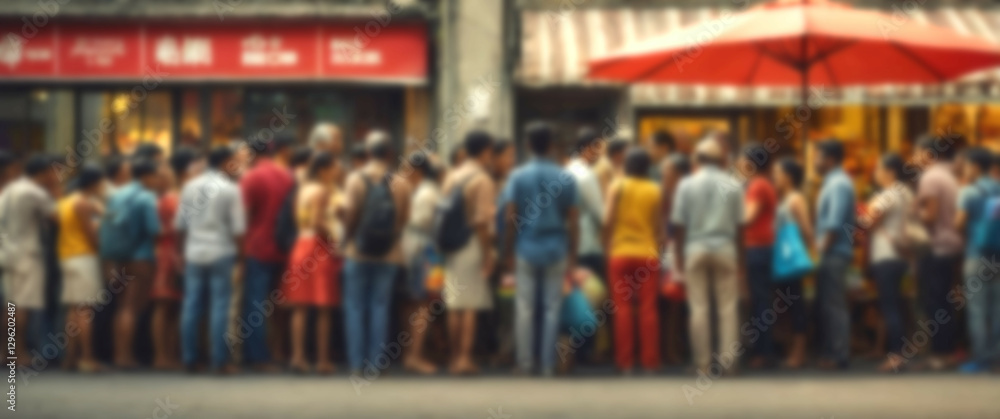 Fototapeta premium Blurred background scene highlighting a diverse group of people waiting in line to buy things