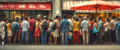 Blurred background scene highlighting a diverse group of people waiting in line to buy things
