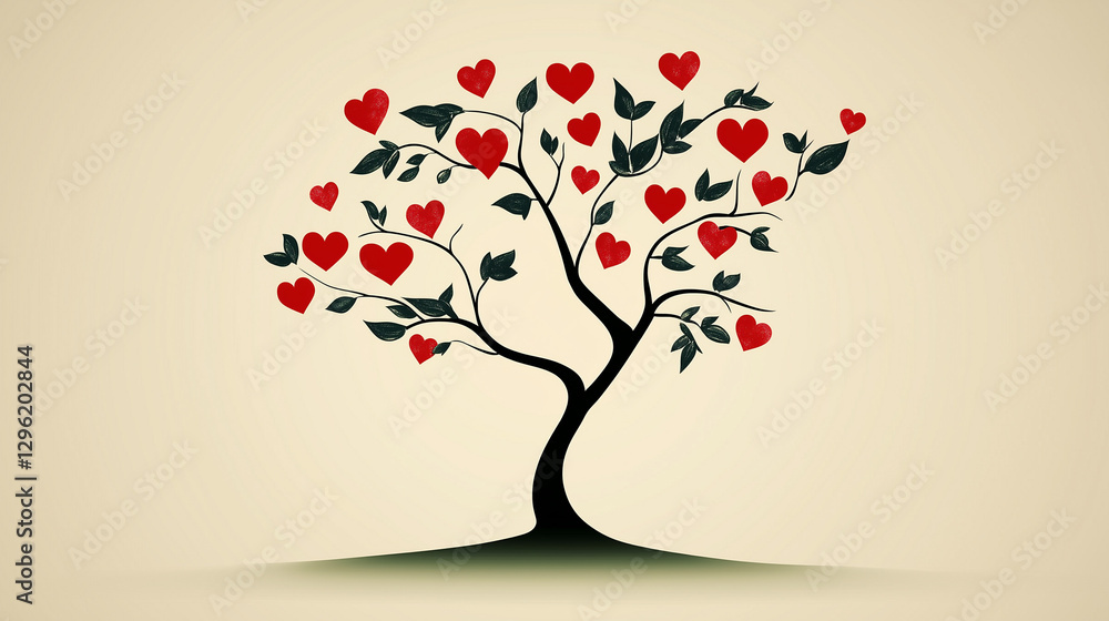 Minimalistic tree with red heart-shaped leaves on beige background Minimalistic tree with red heart-shaped leaves on beige background