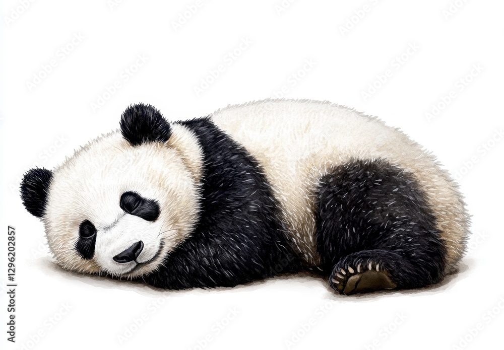 Naklejka premium Resting Giant Panda on White Background in a Relaxed Posture