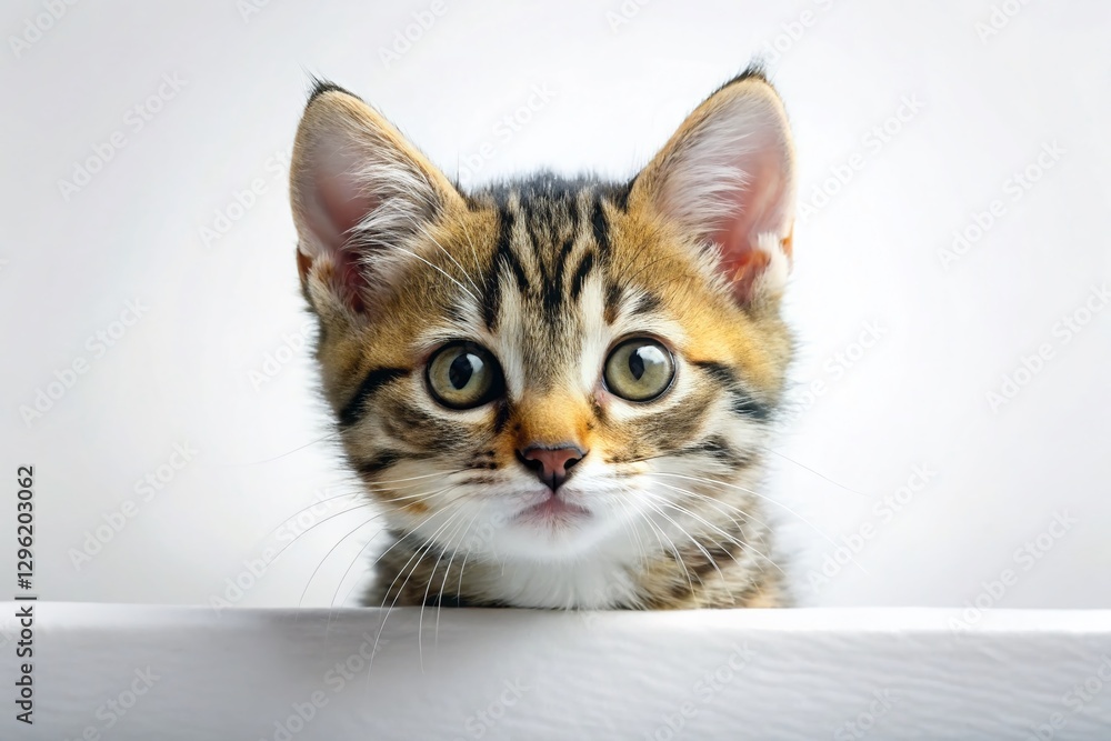 Obraz premium Cute Tabby Kitten Peeking Over White Surface - Adorable Pet Photography