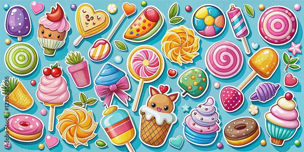 Fototapeta premium Cute Sweets Candy Sticker Set: Jelly, Candy, Wafer, Cookie, Marshmallow, Lollipop Illustrations