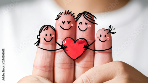 A close-up of four fingers with adorable hand-drawn smiley faces and arms, forming a cute and heartwarming family illustration