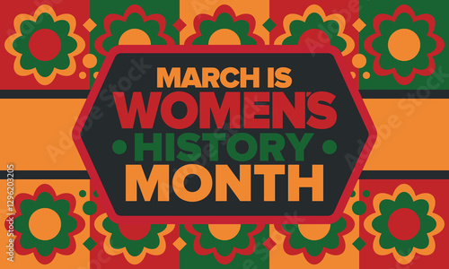 Women's History Month. Celebrated annual in March, to mark women’s contribution to history. Female symbol. Women's rights. Girl power in world. Poster, postcard, banner. Vector illustration