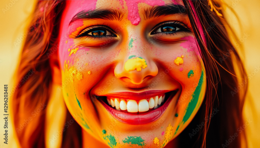 Close-up of a happy young woman with colorful Holi powder on her face, smiling brightly. Warm and joyful festival atmosphere. Close-up of a happy young woman with colorful Holi powder on her face, smiling brightly. Warm and joyful festival atmosphere.