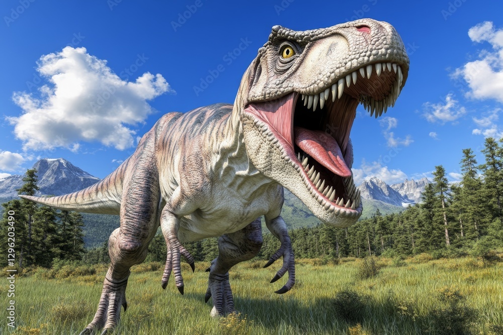 Naklejka premium 3D rendering of an adult Tyrannosaurus rex standing in the grasslands with trees and mountains behind it