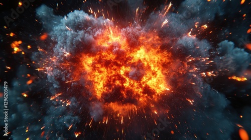 Wallpaper Mural A vibrant explosion simulation, rendered in 3D, erupts from the center, its fiery heart surrounded by anarrow sign, a symbol of chaos and destruction. Torontodigital.ca