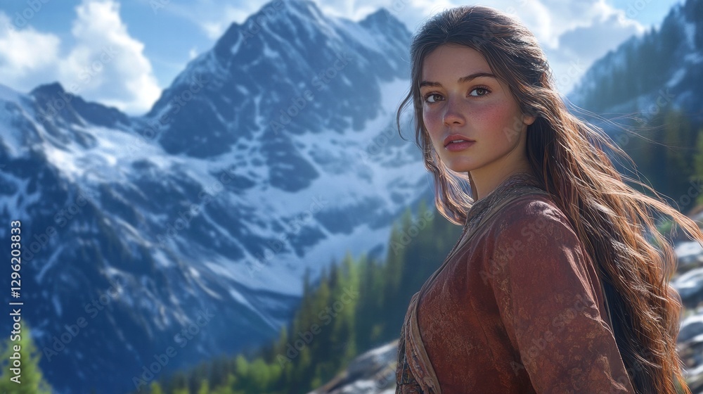 Woman with Long Hair in Mountain Landscape Woman with Long Hair in Mountain Landscape