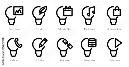 A set of 10 idea icons as image idea, eco idea, calendar idea