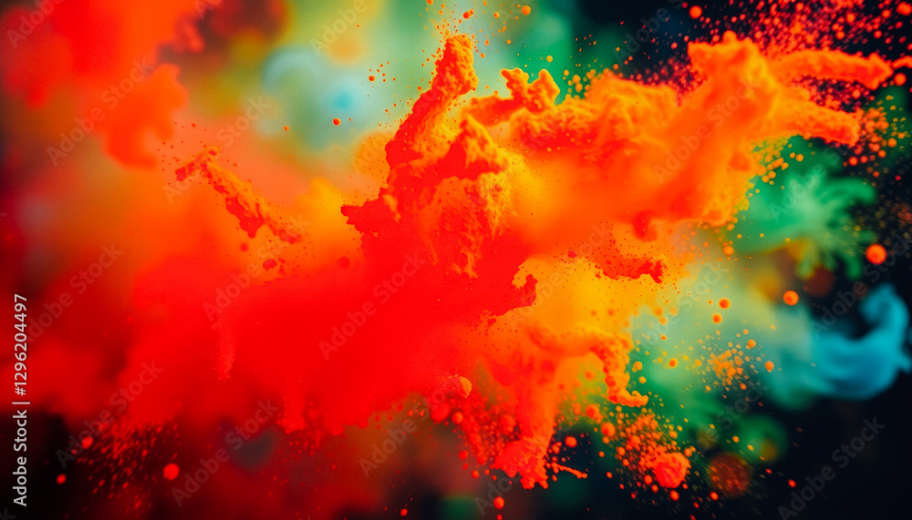 Fototapeta premium Abstract cloud of red, green, and orange Holi powder bursting in the air, creating a vibrant and dynamic effect.
