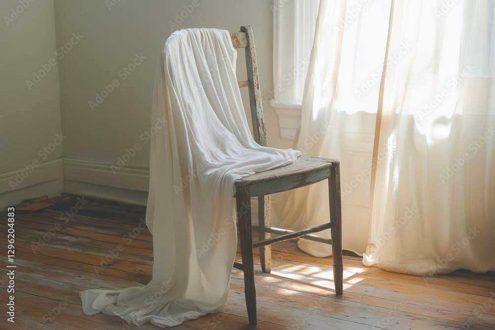 clean white tshirt draped over a weathered wooden chair soft morning light streaming through a window neutral creams and browns casual rustic simplicity clean white tshirt draped over a weathered wooden chair soft morning light streaming through a window neutral creams and browns casual rustic simplicity