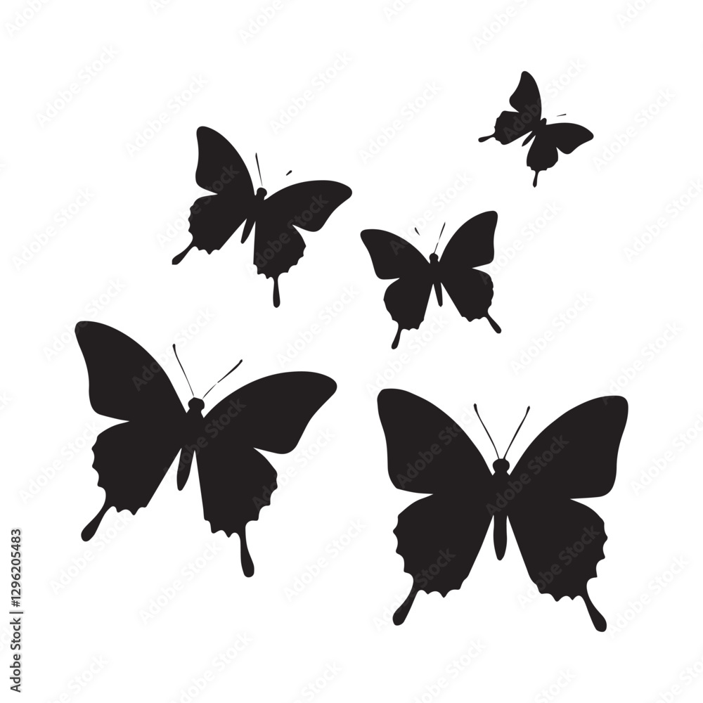 Flying black silhouettes of Butterfly Vector design element white Background. Flying black silhouettes of Butterfly Vector design element white Background.