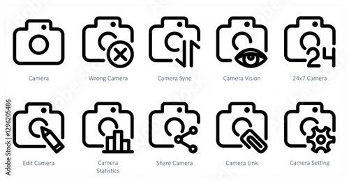 A set of 10 camera icons as camera, wrong camera, camera sync
