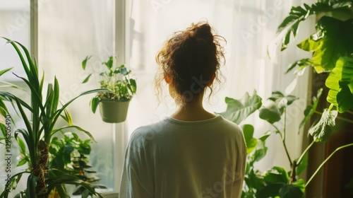 Obraz na płótnie Rare illness patient tending to plants in a peaceful room. Featuring healing through nature w salonie