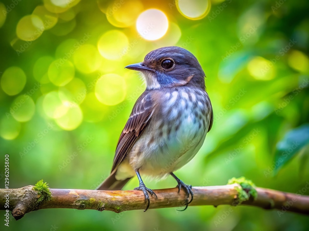 Fototapeta premium Dark-Sided Flycatcher Bird in Lush Forest, High Depth of Field Stock Photo