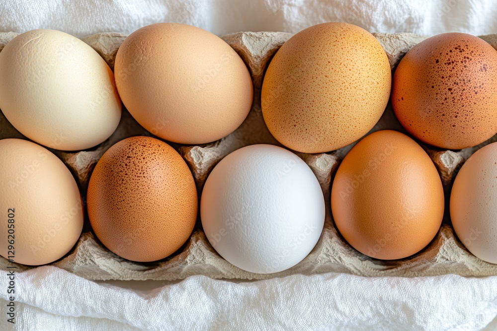 A basket of eggs on a white linen cloth, with eggs in different colors and sizes A basket of eggs on a white linen cloth, with eggs in different colors and sizes