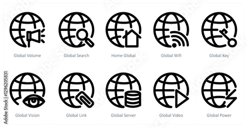 A set of 10 global icons as global volume, global search, home global