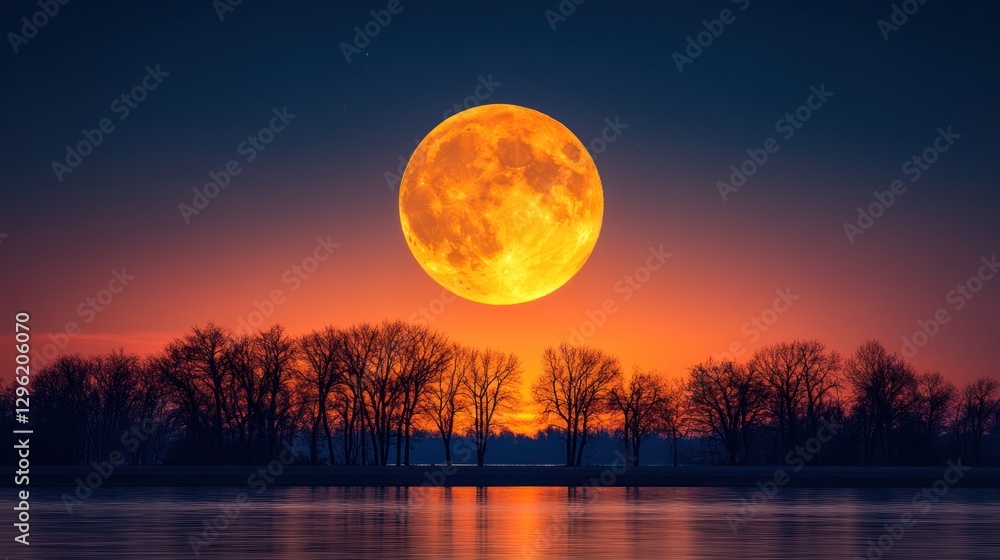 Orange supermoon rising over trees, lake Orange supermoon rising over trees, lake
