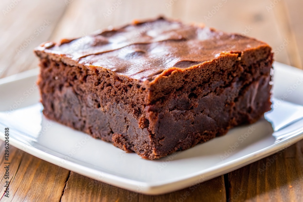 Decadent Fudgy Brownie on White Plate - Delicious Dessert Stock Photo Decadent Fudgy Brownie on White Plate - Delicious Dessert Stock Photo