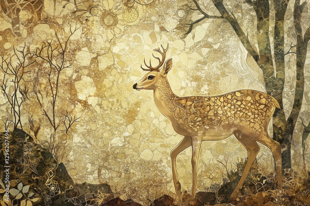 Obraz premium Majestic deer wanders through a mystical forest adorned with vibrant patterns and warm hues at dusk