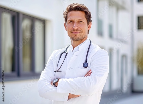 Portrait of a handsome male doctor standing with arms crossed in front, looking at the camera and smiling against the background