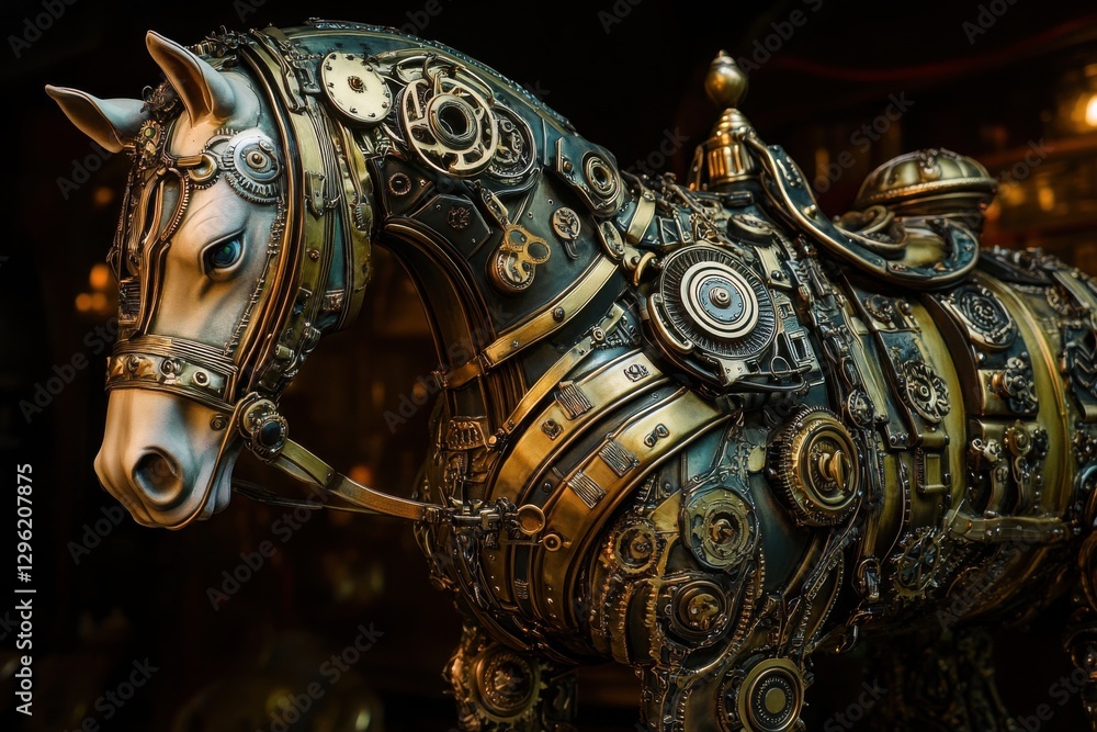 Fototapeta premium Steampunk horse sculpture adorned with intricate gears and metallic details in an artistic display