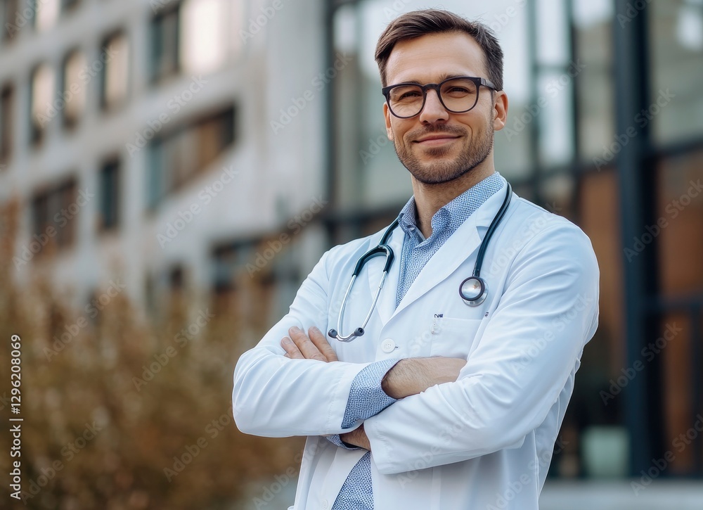 Portrait of a handsome male doctor standing with arms crossed in front, looking at the camera and smiling against the background Portrait of a handsome male doctor standing with arms crossed in front, looking at the camera and smiling against the background
