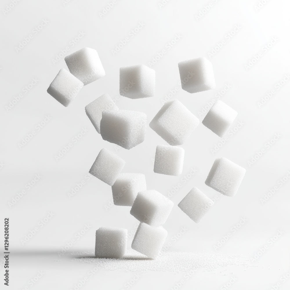 Floating White Sugar Cubes on Minimalist White Background Floating White Sugar Cubes on Minimalist White Background