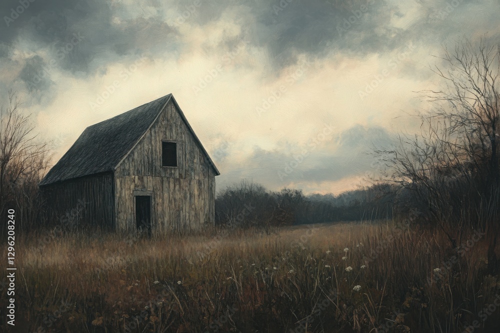 Rustic wooden barn stands alone in a serene field under a moody sky at twilight Rustic wooden barn stands alone in a serene field under a moody sky at twilight