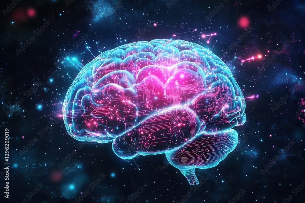 colorful human brain pulsing with neon blue and pink circuits dark starry backdrop glowing electric vibes futuristic mental energy bold techinspired creativity colorful human brain pulsing with neon blue and pink circuits dark starry backdrop glowing electric vibes futuristic mental energy bold techinspired creativity