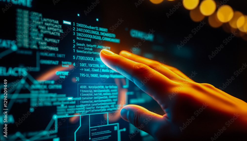 Close-up of a hand touching a futuristic digital interface with glowing code, representing cybersecurity, AI, and programming. Close-up of a hand touching a futuristic digital interface with glowing code, representing cybersecurity, AI, and programming.