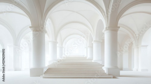 White arched colonnade hallway  bright interior  architectural grandeur