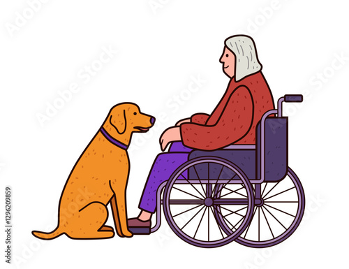 Elderly woman in wheelchair with dog companionship care support warm colors simple background