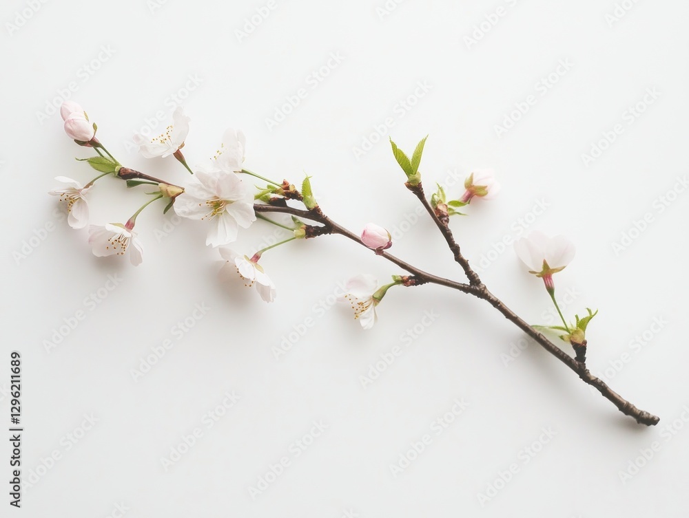 Minimalistic cherry blossom branch on white background for elegant decor and design Minimalistic cherry blossom branch on white background for elegant decor and design