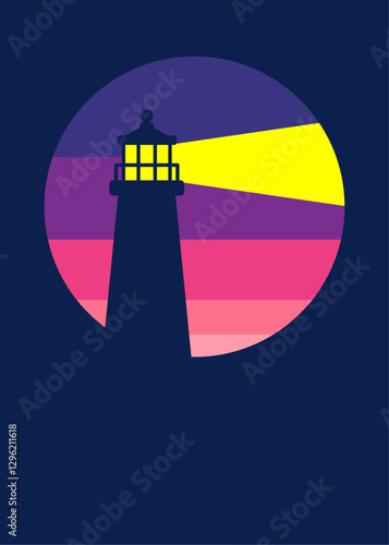 Paisaje con torre marítima. Faro de luz con luna llena 