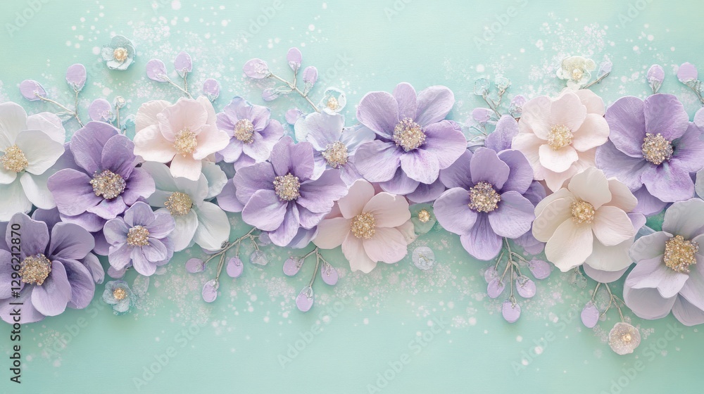 Pastel flowers horizontal arrangement on mint backdrop Pastel flowers horizontal arrangement on mint backdrop