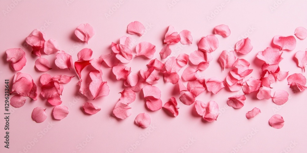 Cherry blossom petals scattered on soft pink surface creating serene and elegant spring composition Cherry blossom petals scattered on soft pink surface creating serene and elegant spring composition