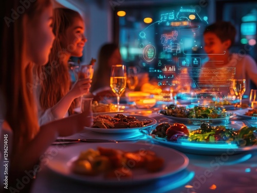 Wallpaper Mural A family dinner scene, with futuristic plates and holographic displays showing the meal s nutritional content, Technology, Digital Art, Warm tones Torontodigital.ca