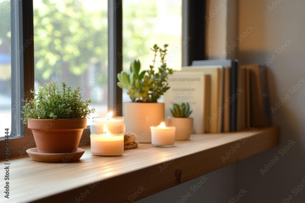 Cozy minimalist shelf with beeswax candles and potted plants in sunlit space Cozy minimalist shelf with beeswax candles and potted plants in sunlit space