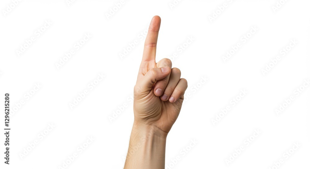 Naklejka premium Human hand, caucasian skin tone, single raised index finger, pointing upward, neutral background, studio lighting, detailed skin texture, realistic
