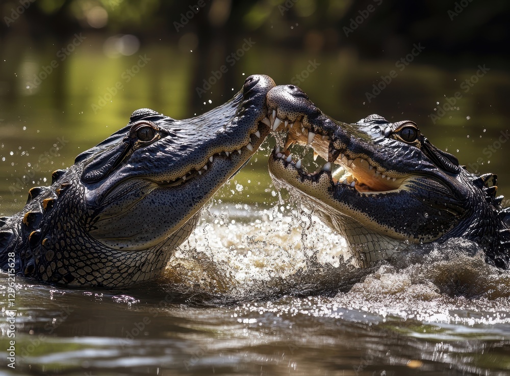 Obraz premium Two Alligators Engaging in a Playful Interaction in a Serene Wetland Environment with Natural Background and Vibrant Water Splashes