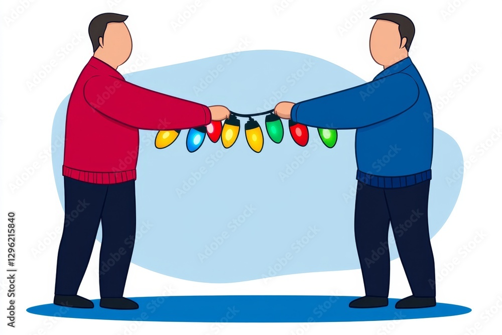 a 2D cartoon illustration of a person setting up outdoor lights for a party, festive and bright, white background a 2D cartoon illustration of a person setting up outdoor lights for a party, festive and bright, white background
