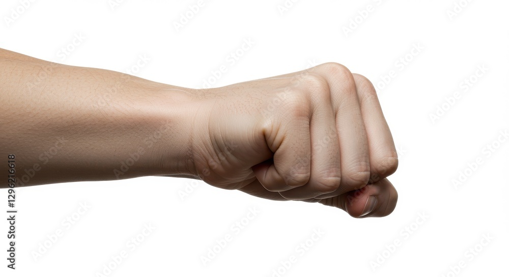 Human hand, clenched fist, knuckles, pale skin, isolated on white background, studio lighting, high detail, close-up, minimalist composition Human hand, clenched fist, knuckles, pale skin, isolated on white background, studio lighting, high detail, close-up, minimalist composition