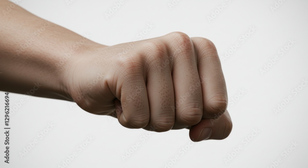 Human hand, clenched fist, knuckles, pale skin, isolated on white background, studio lighting, high detail, close-up, minimalist composition Human hand, clenched fist, knuckles, pale skin, isolated on white background, studio lighting, high detail, close-up, minimalist composition